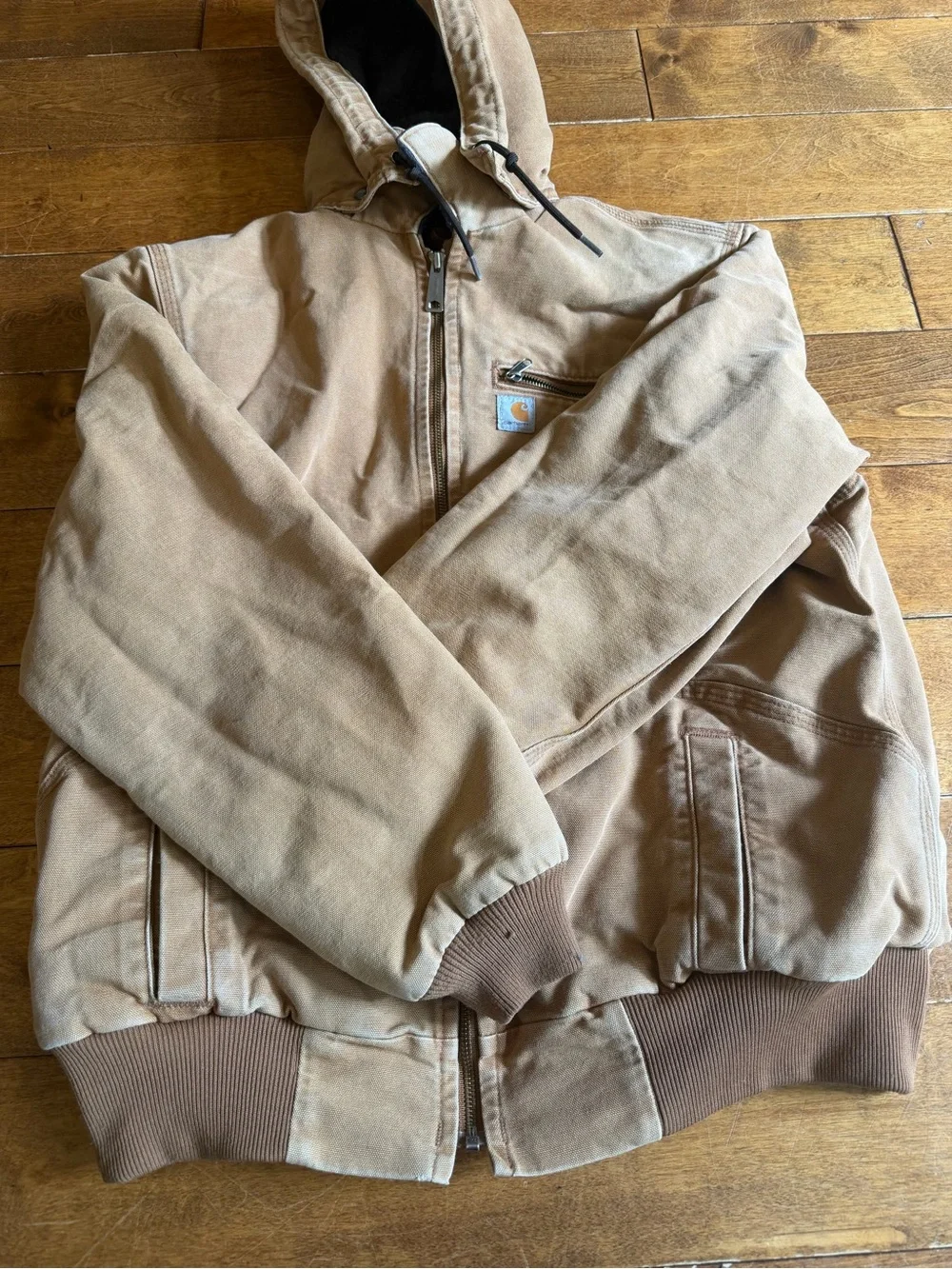 Youth Vintage Carhartt Tan Hooded Zip-Front Duck Jacket Hood Large 12/14